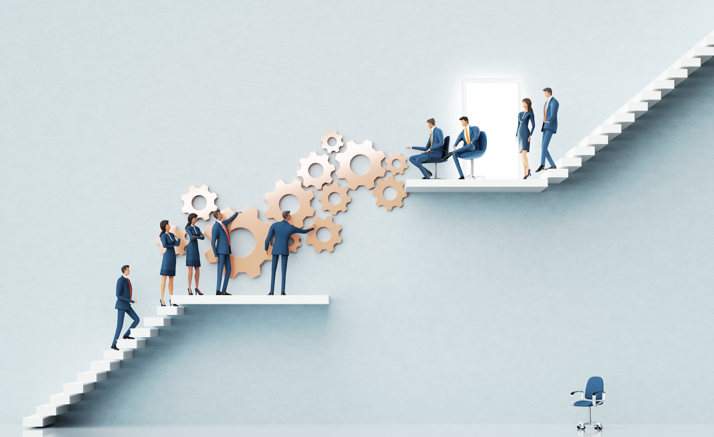 Business team presents a new startup idea  to investors. Business people and rolling golden gears. Abstract environment with stairs, business concept 3D rendering