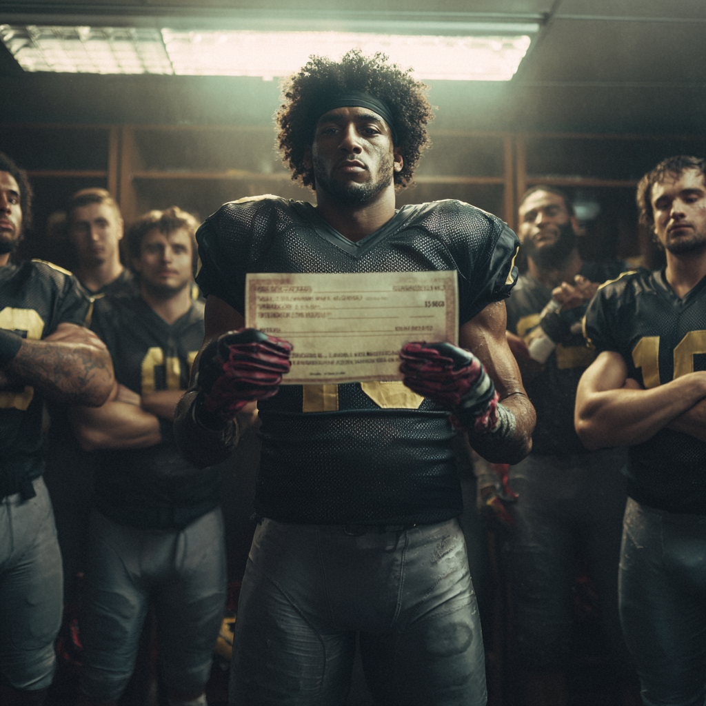 Football player standing confidently in locker room