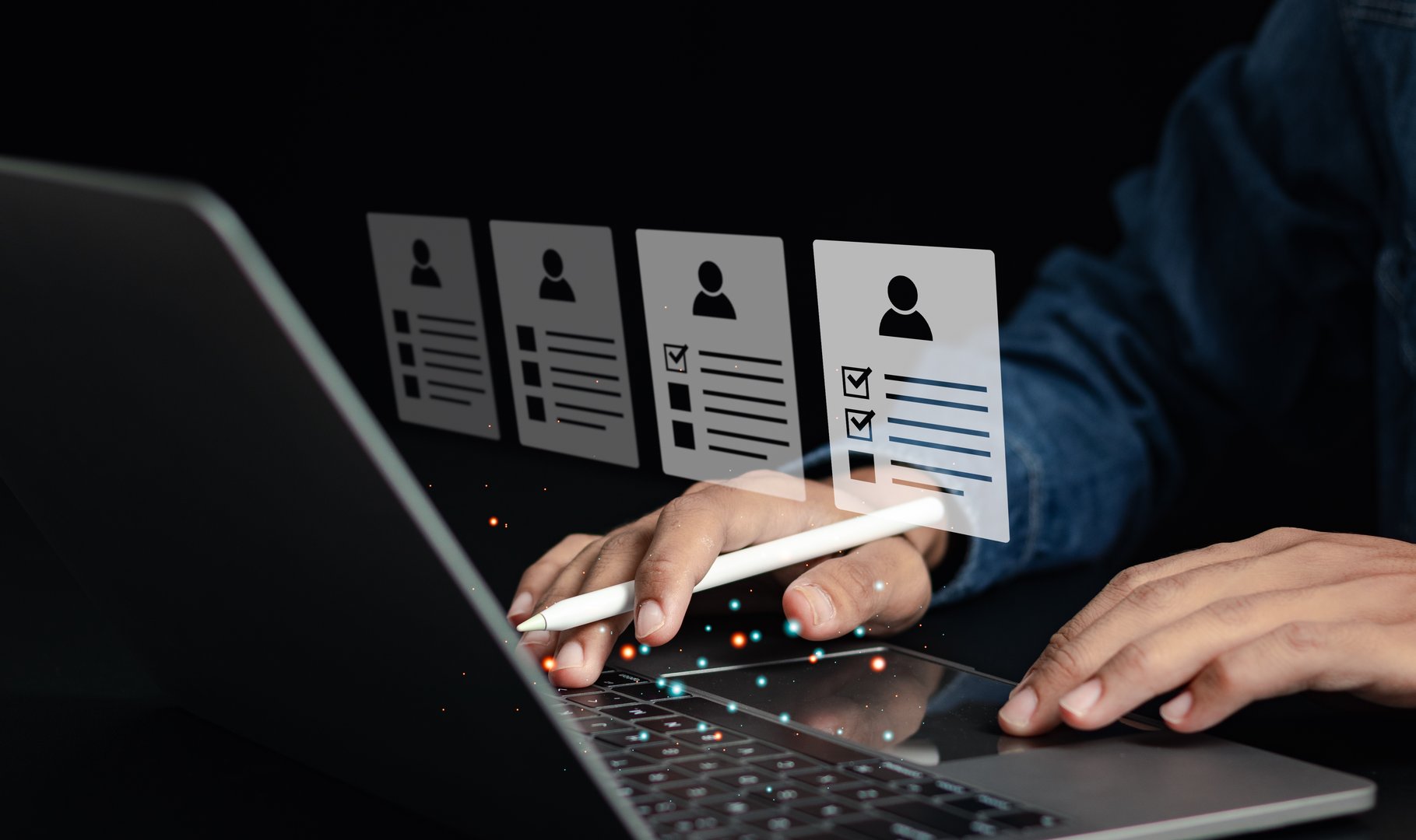 Human resource management concept. Businessman filling out online employee appraisal form. Human resource management (HR), recruiting, leadership and team building.