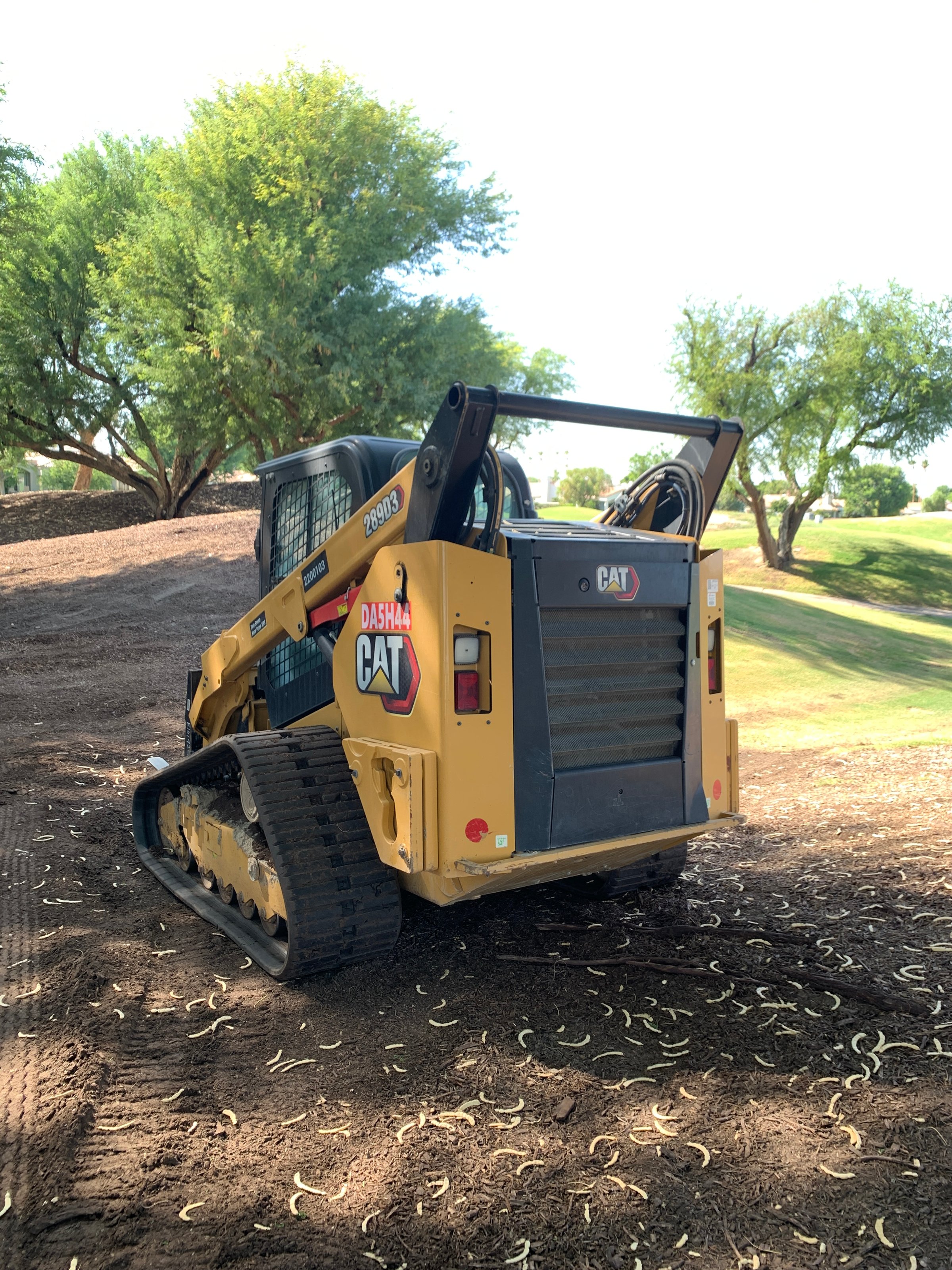 Caterpillar Track loader parked outside with a tree in the background