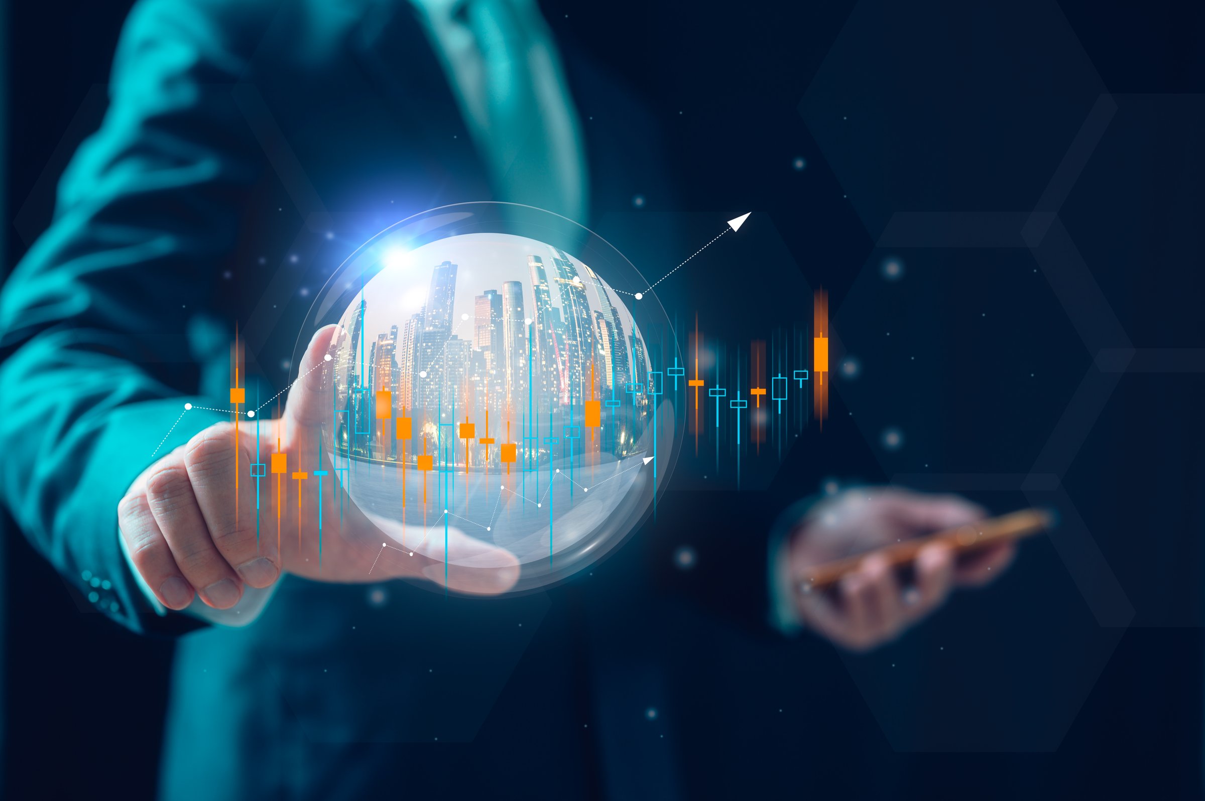 Property Real Estate financial and investment concept, businessman touching bubble with image of building inside and virtual trading graph for business background