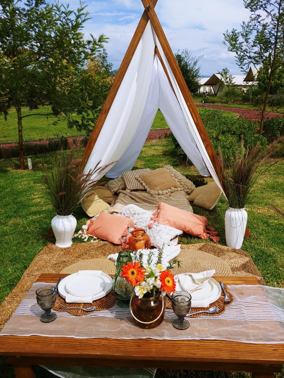 Outdoor picnic setup with a tent, cushions, and a wooden table set with plates, glasses, flowers, and a tablecloth.