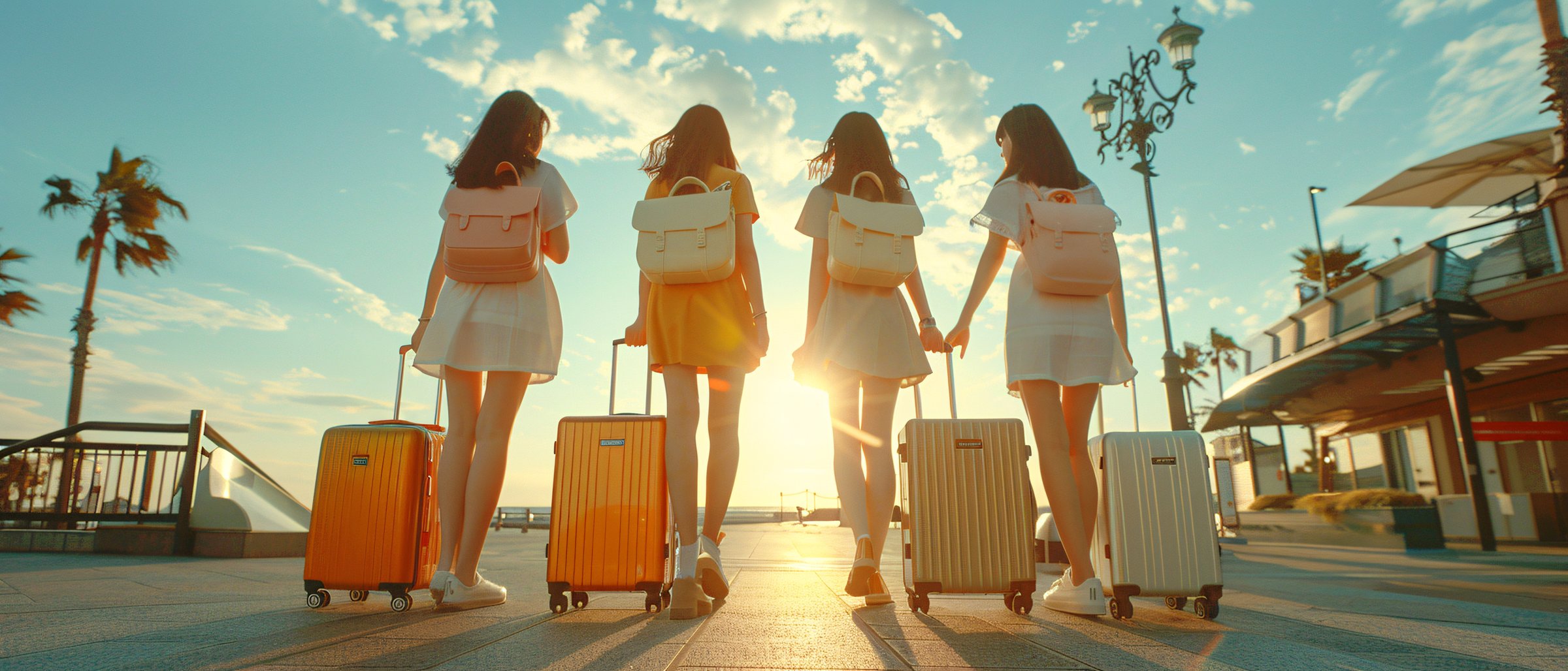 Four women with backpacks and suitcases walk towards the sunset on a boardwalk lined with palm trees.
