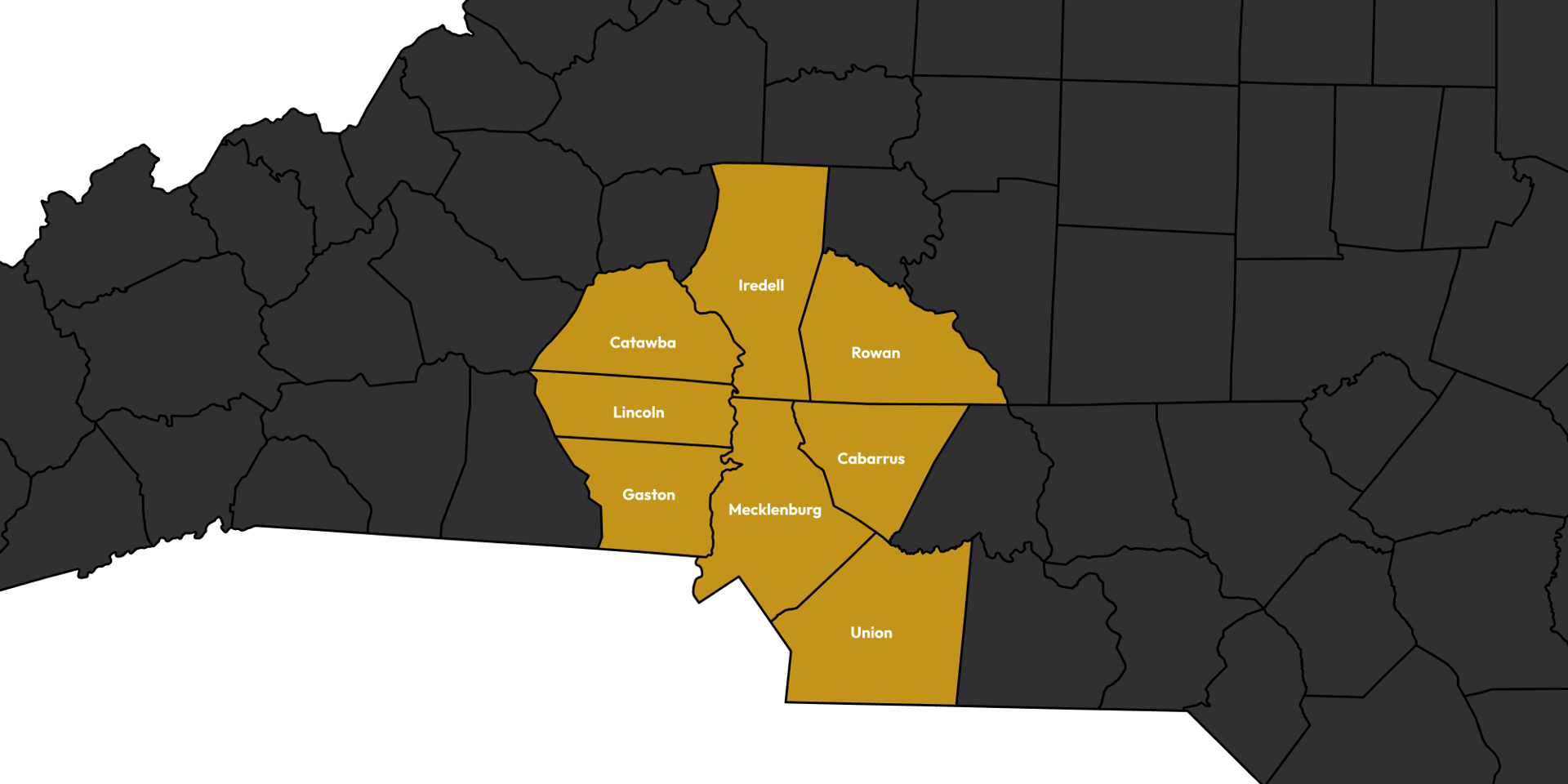 Map showing Greater Charlotte Counties including Mecklenburg, Union, Cabarrus, Gaston, Iredell, Rowan, Lincoln, and Catawba