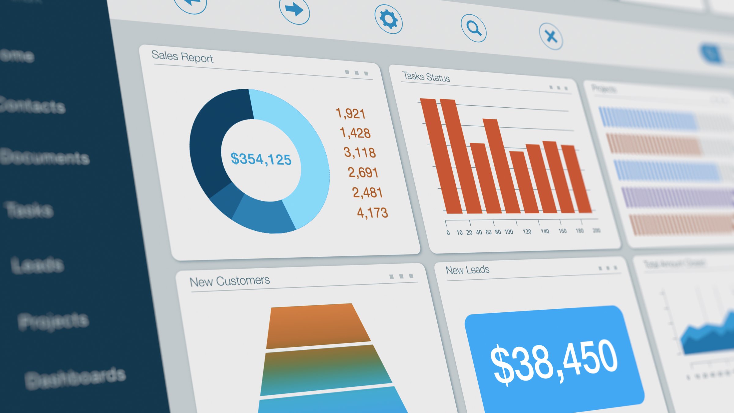 close-up of a computer monitor, dashboard view of an ERP software enterprise resource planning, or a CRM software customer relationship management, charts, data and reports, graphic interface (3d render)