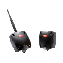 Two black wireless sensor devices with antennas, featuring a red logo on the front, used for electronic monitoring.