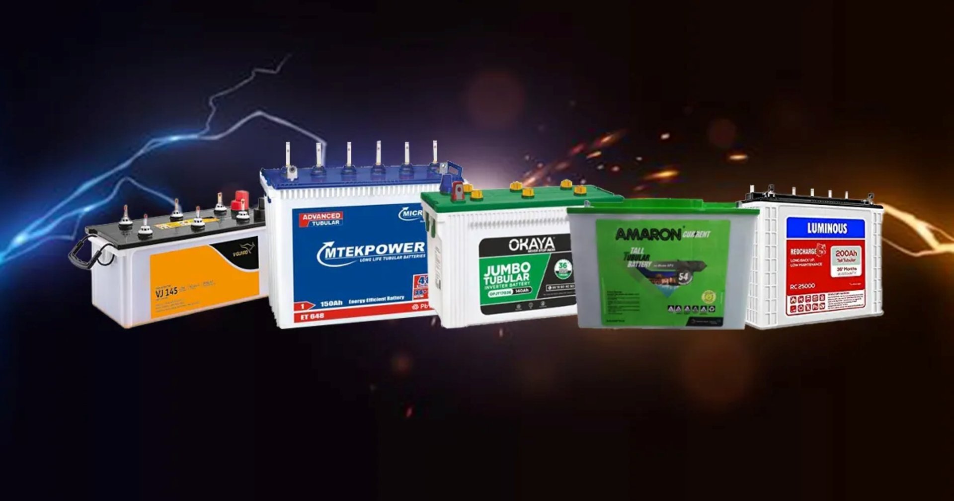 Five different brands of batteries displayed in front of a dark background with lightning effects.