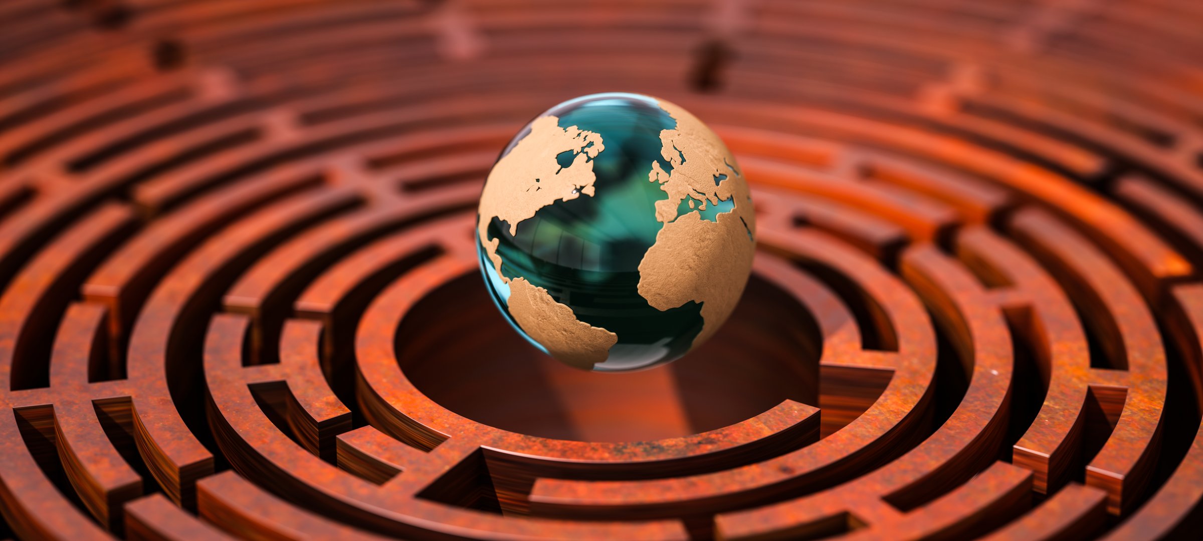A 3D-rendered composition featuring a transparent, glass-like globe positioned at the center of a meticulously crafted labyrinth. The maze, symbolizing complexity and entrapment, surrounds the globe, which represents Earth and the multitude of global challenges, including environmental issues and the human emotional state. The reflective surface of the globe adds depth to the visual narrative, emphasizing the intricate connections between environmental problems and mental well-being.