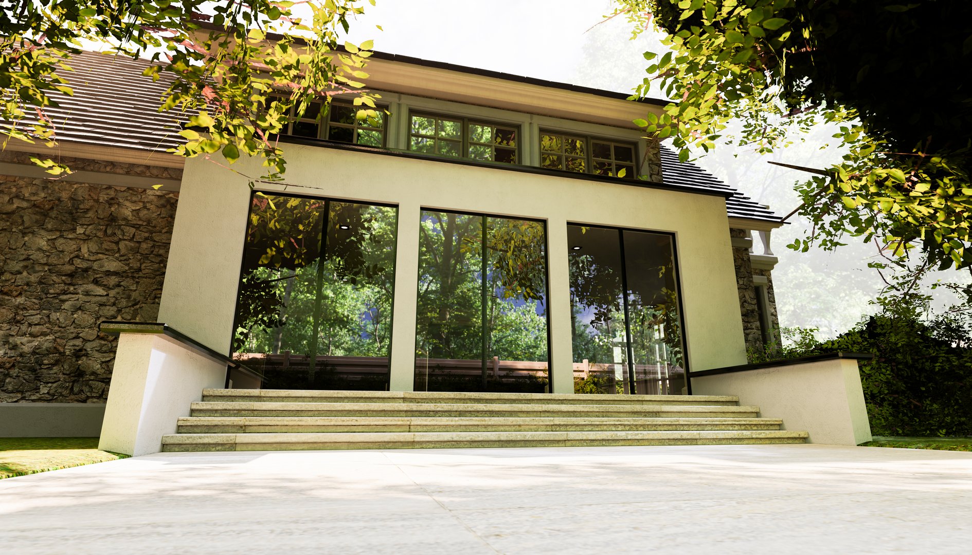Modern house featuring large windows that reflect the lush greenery of the surrounding trees, creating a seamless blend with nature