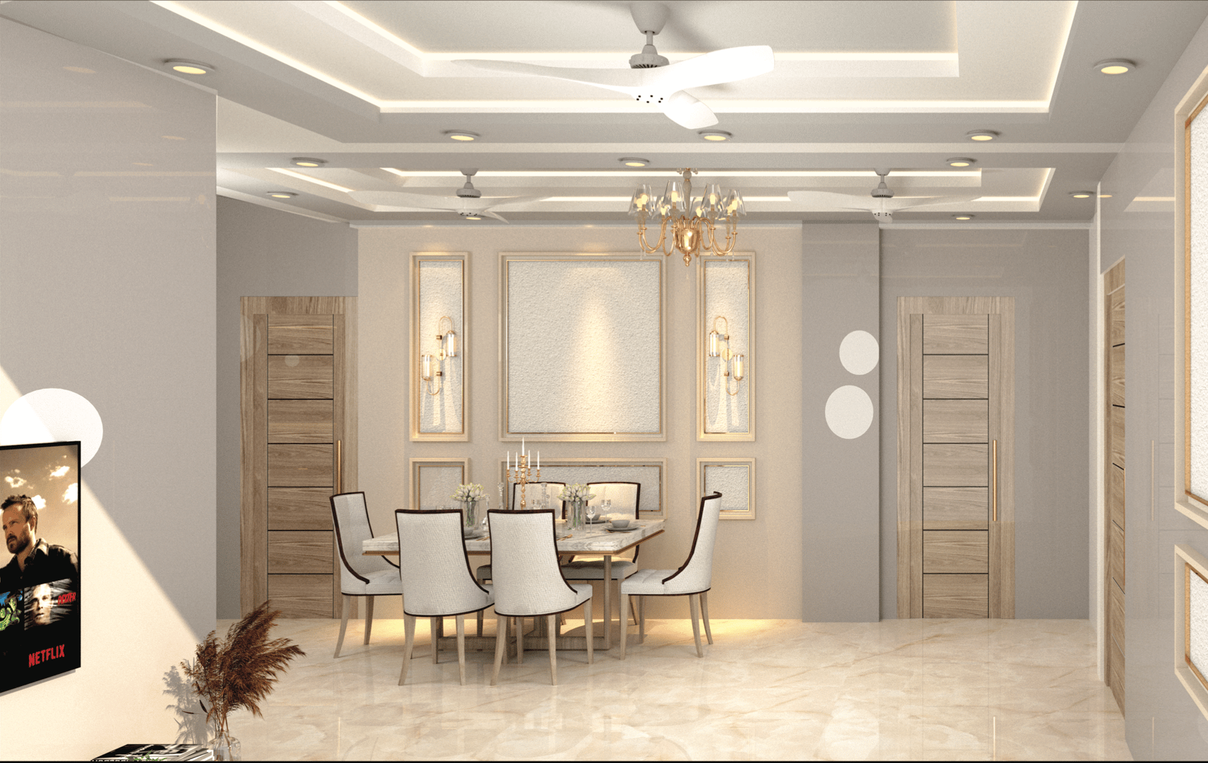 Elegant dining room with a modern table, six chairs, chandelier, and decorative wall panels, featuring neutral colors.