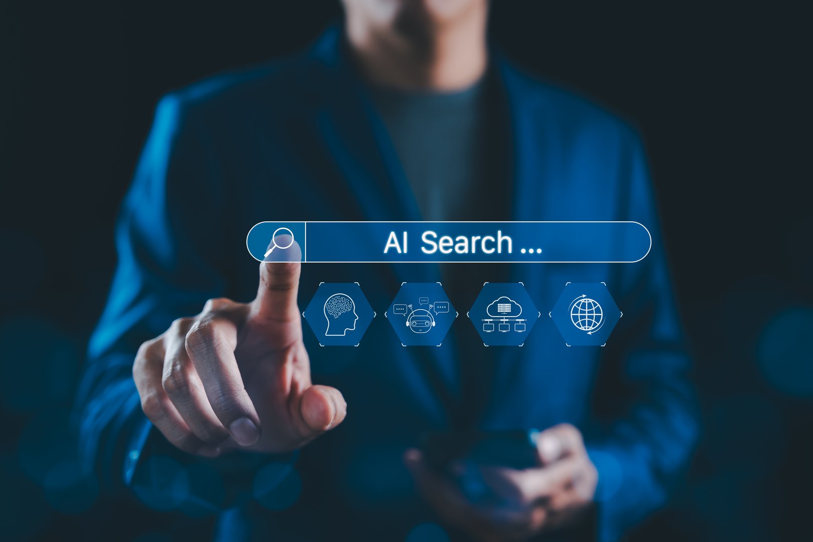 AI Search Engine Technology Concept. A person interacts with search bar AI Search, representing artificial intelligence, chatbot, data cloud, global connectivity, and future search engine innovation.