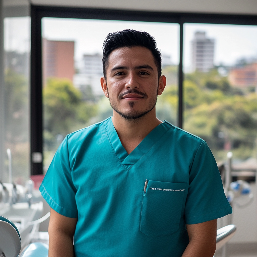 A man in teal medical scrubs stands confidently in a modern dental clinic with a cityscape view outside the window.