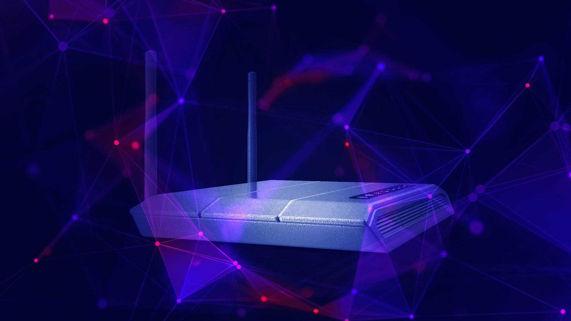 WiFi composited in red and blue coloured futuristic plexus environment. Web and internet security concept.