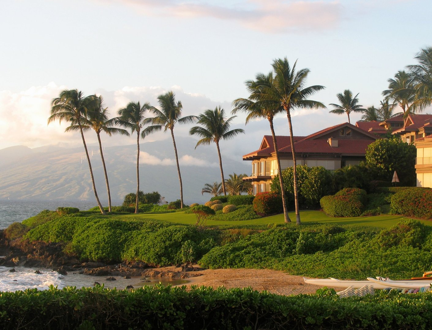Palm trees line the coast of a Hawaiian vacation resort by a beach on the island Maui