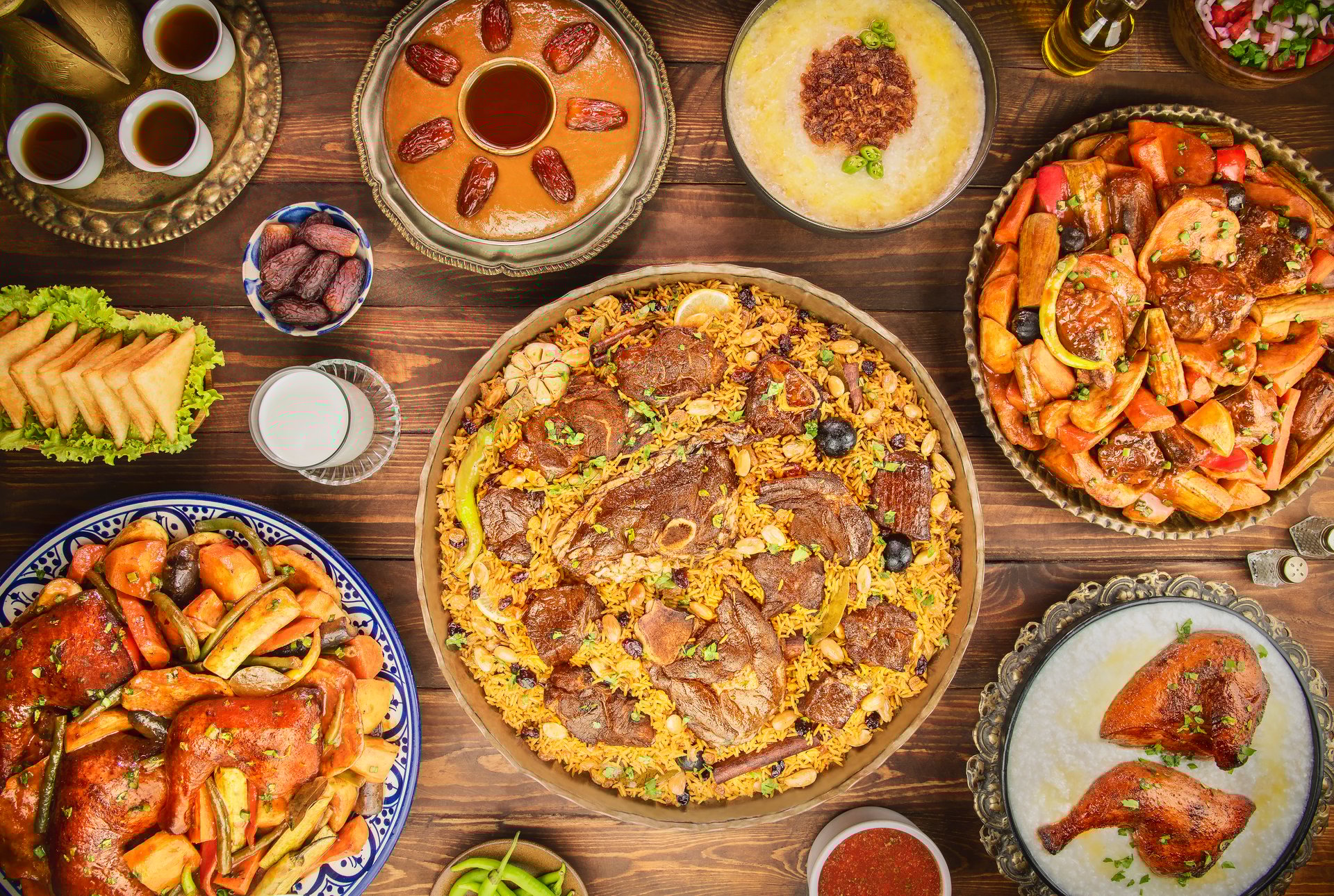 Arabic Cuisine, Assorted of Saudi traditional dishes. These dishes are the best representation of the heritage and the heart of Saudi Arabia. It's also Ramadan 'Iftar' in many Arab countries.