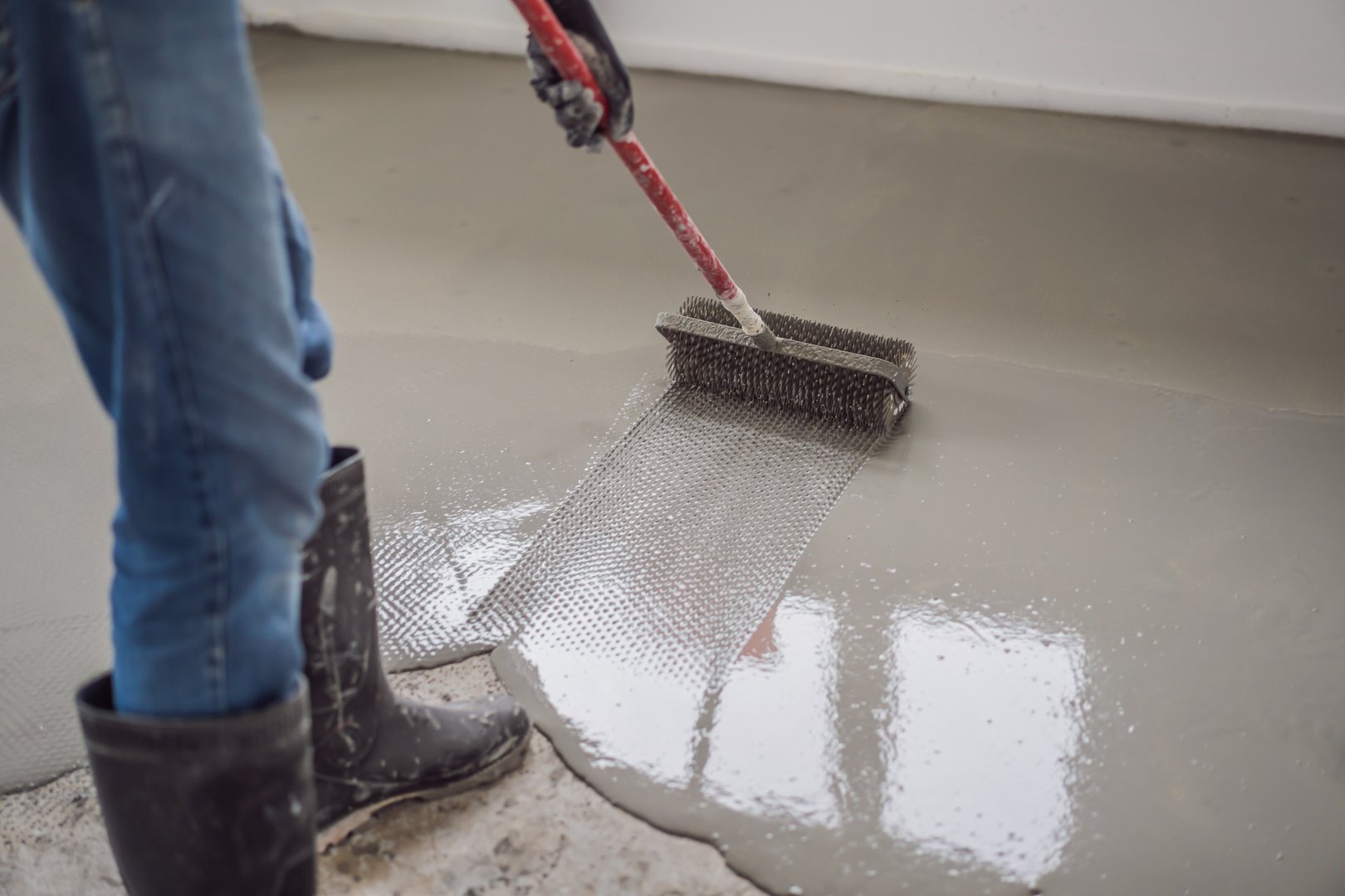 plasterer during floor covering works with self-levelling cement mortar, uses a needle roller.