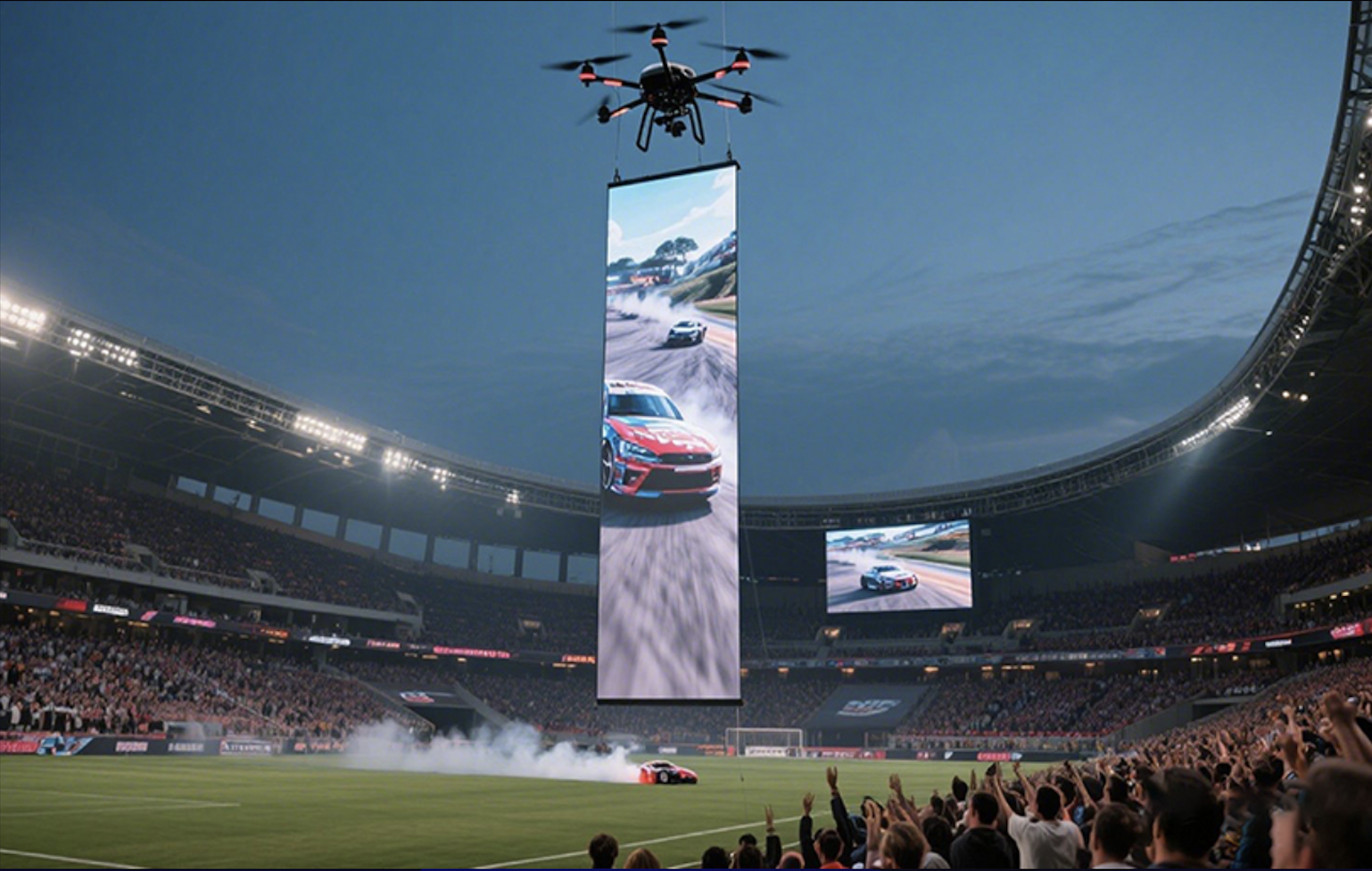 Aerial flying LED screen display at sporting event
