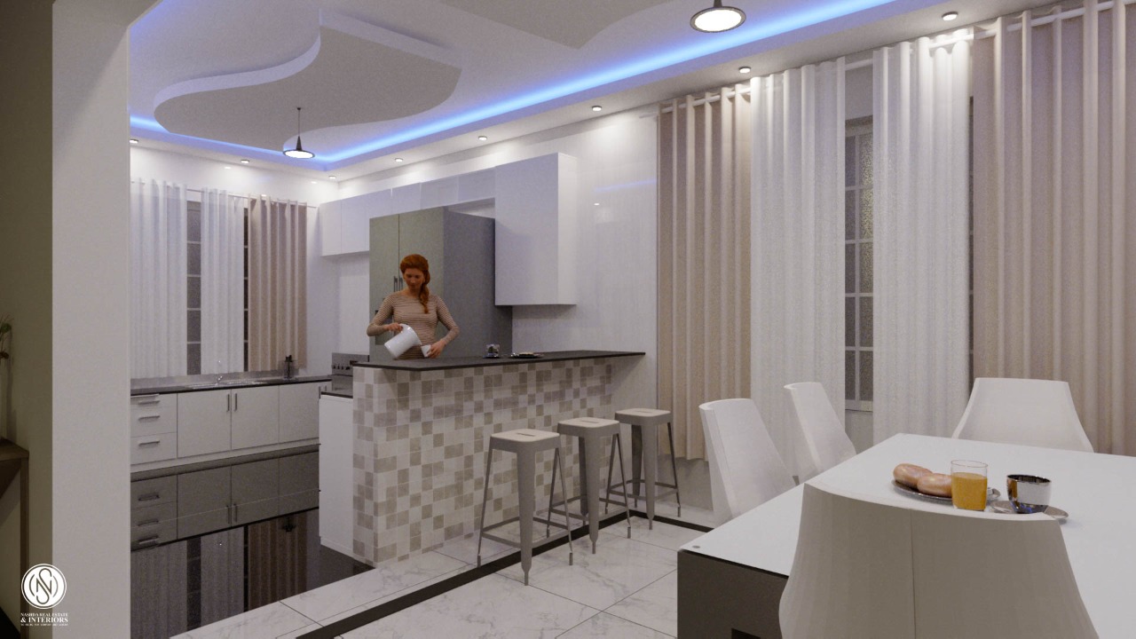 Modern kitchen with a woman pouring water at a bar counter, featuring minimalist design and blue accent lighting.