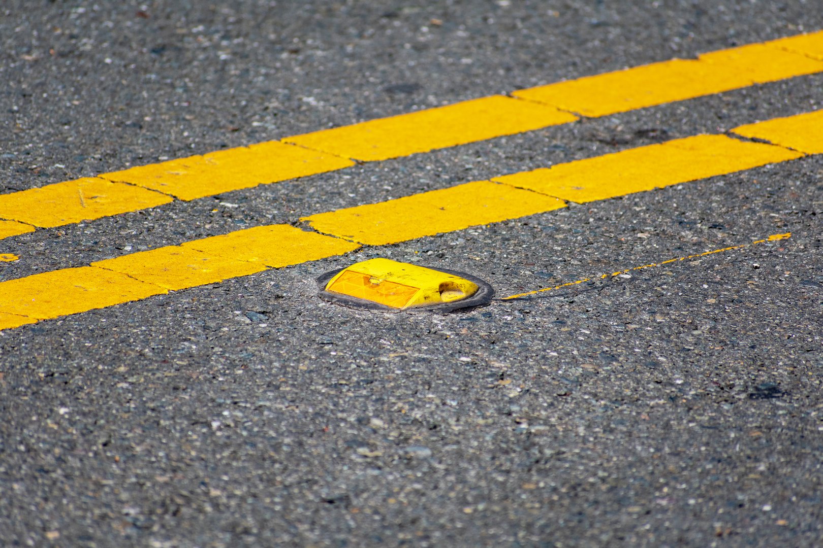 Raised yellow pavement marker separates opposing traffic lanes.