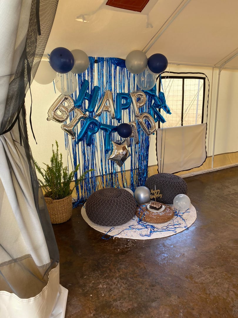 Outdoor birthday setup with blue streamers, silver and navy balloons, cake, and decorative pillows on a round white rug.