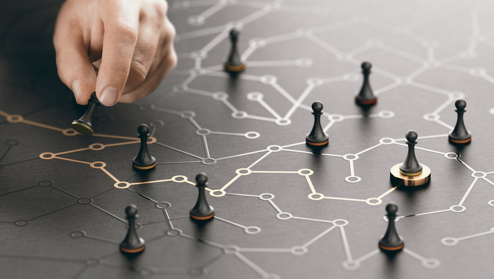 Hand moving pawn on a conceptual maze. Shortcut to success or career guidance concept. Composite image between a hand photography and a 3D background.