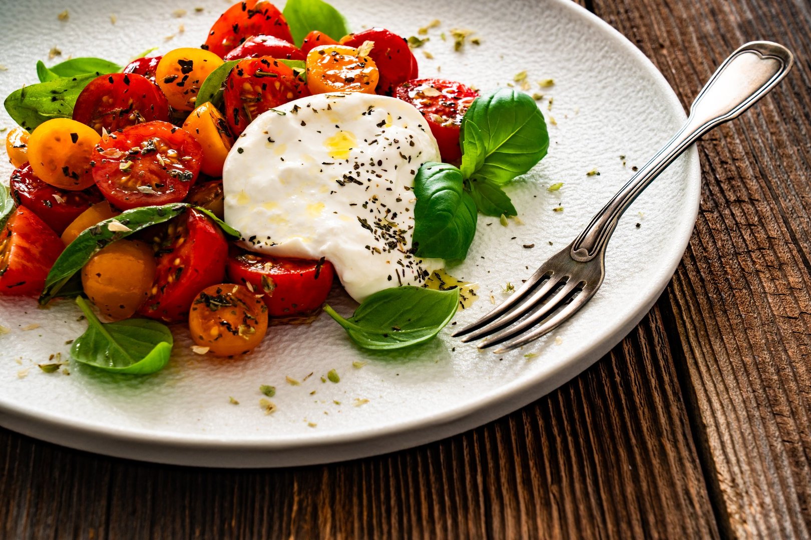 Caprese burrata salad - tomatoes, fresh basil leaves and burrata cheese on wooden background