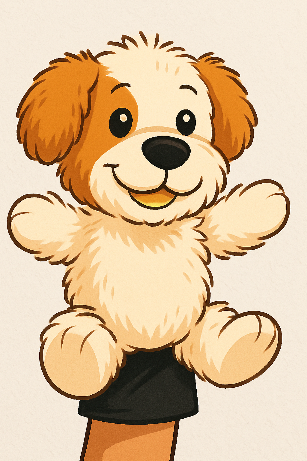 Cartoon puppet of a fluffy dog with brown and white fur, smiling with open arms. Worn on a hand as a puppet.