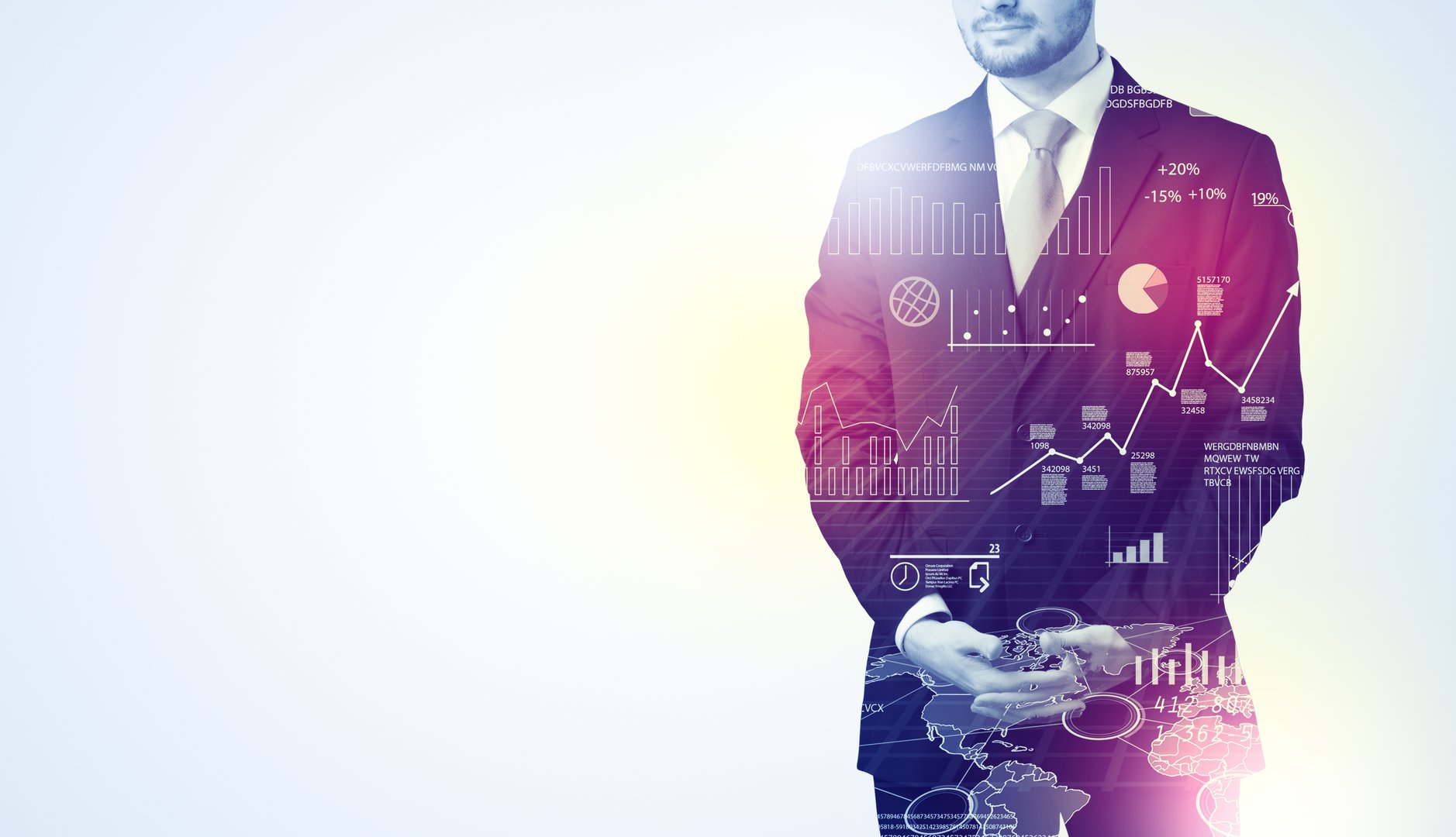 Leader man standing and thinking with graphs, charts, diagrams on the background