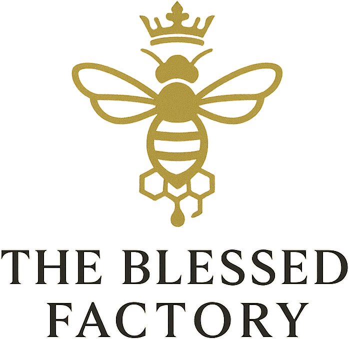 The Blessed Factory gold honeybee with crown logo