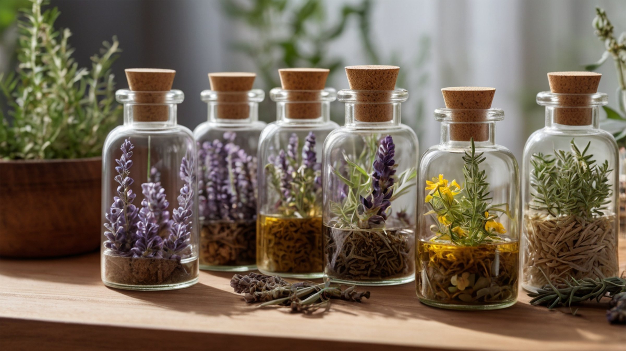 This image showcases a collection of glass bottles with cork stoppers, each containing various herbs and flowers, suggesting essential oils or botanical infusions