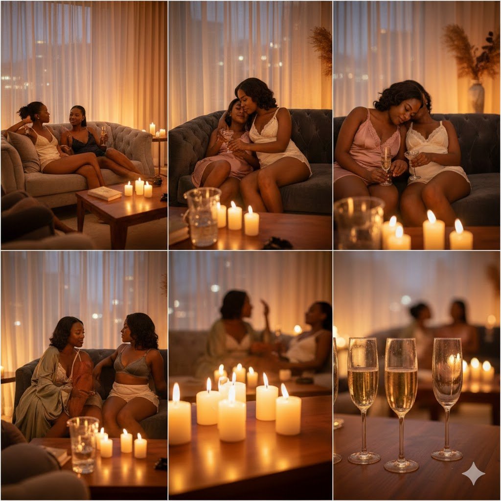 Elegant women in luxury lounge setting with champagne