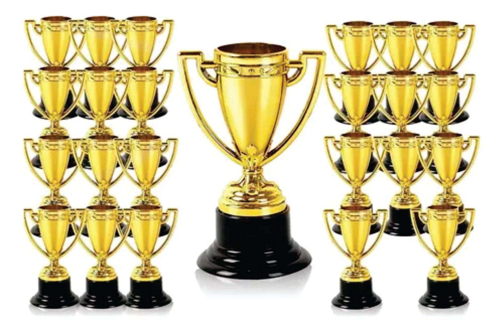 A large golden trophy surrounded by 16 smaller golden trophies, all with black bases.