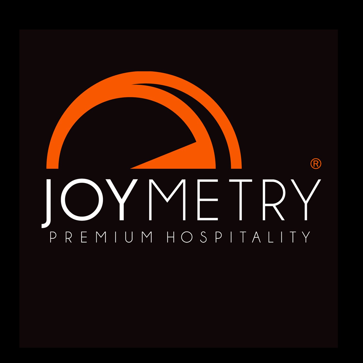 Joymetry logo with an orange semi-circle design above the text Premium Hospitality on a black background.