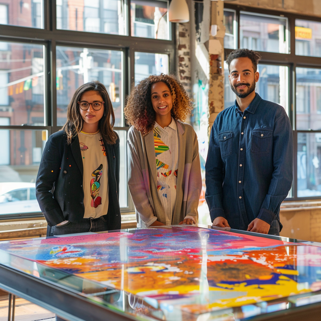 Three people standing around a colorful art display in a bright industrial-style gallery with large windows.