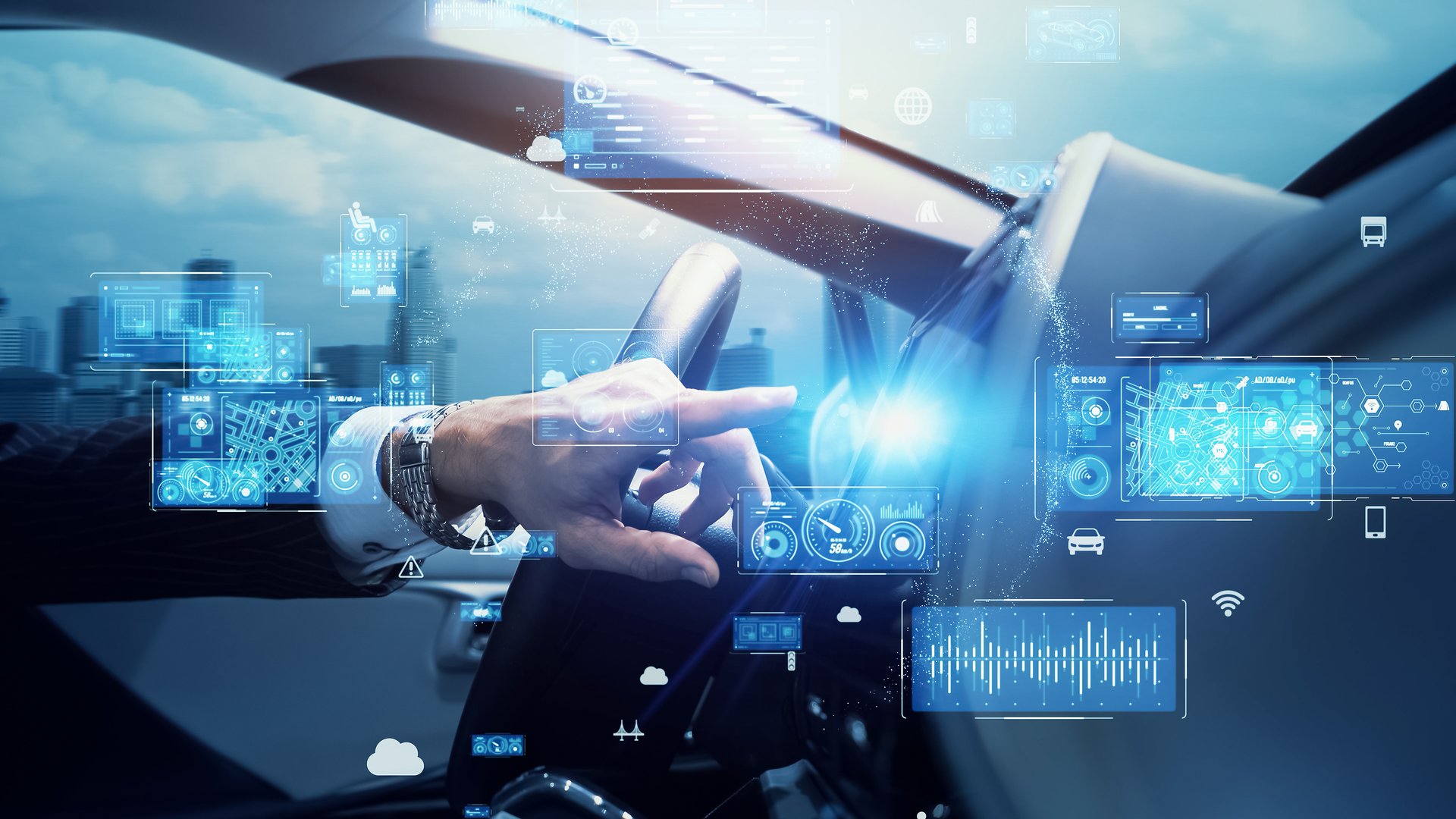 Cockpit of autonomous car concept.  Driver assistant system.