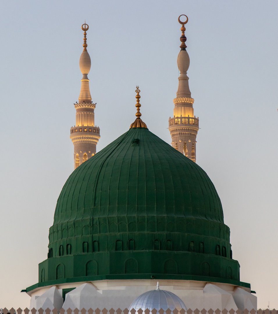 Beautiful view of The Green Dome of The Prophet Mosque, Al Masjid Al Nabawi, Al Madinah Al Munawwarah