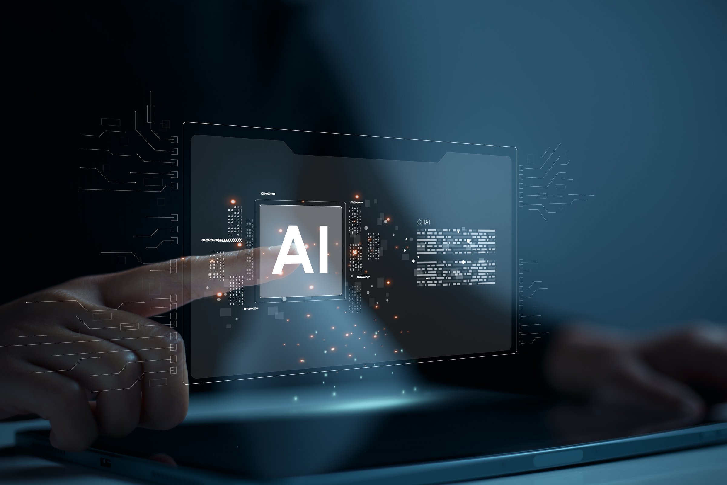 User touching an AI icon that interacts with artificial intelligence. Concept of finding information through intelligent interaction.