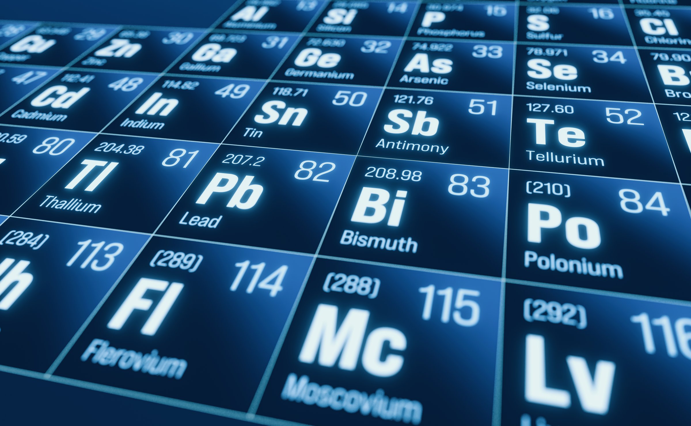 Close up periodic table of the elements, lead, bismuth, thallium, antimony, tin. System, material, chemical, atom, weight, material, science, education. 3D illustration