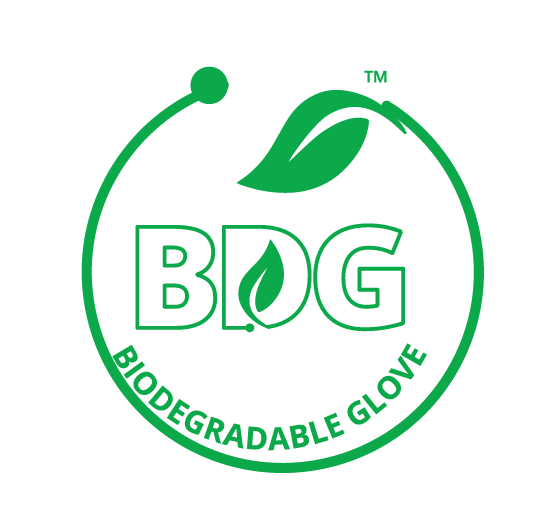 Símbolo de guantes biodegradables BDG con hoja verde