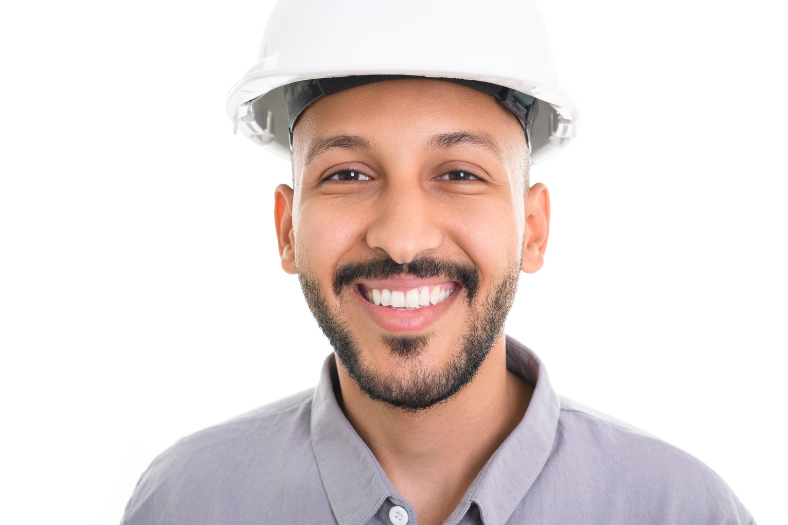 A man with hard hat standing on white background