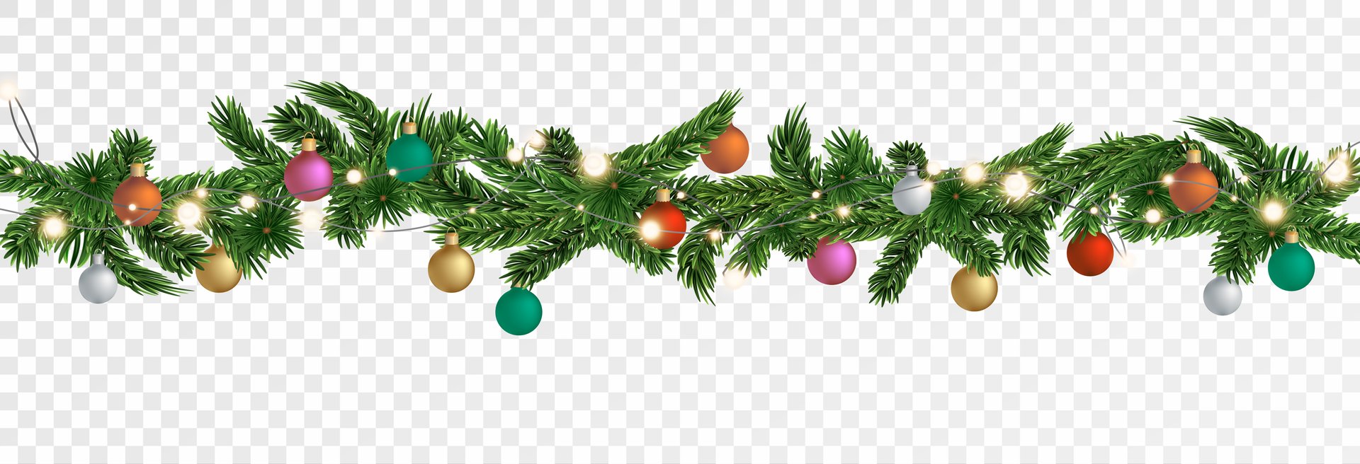 Christmas garland on a transparent background. Vector frame for banners, posters, cards. Christmas realistic winter theme, vector. Christmas tree decorated with toys and lights.