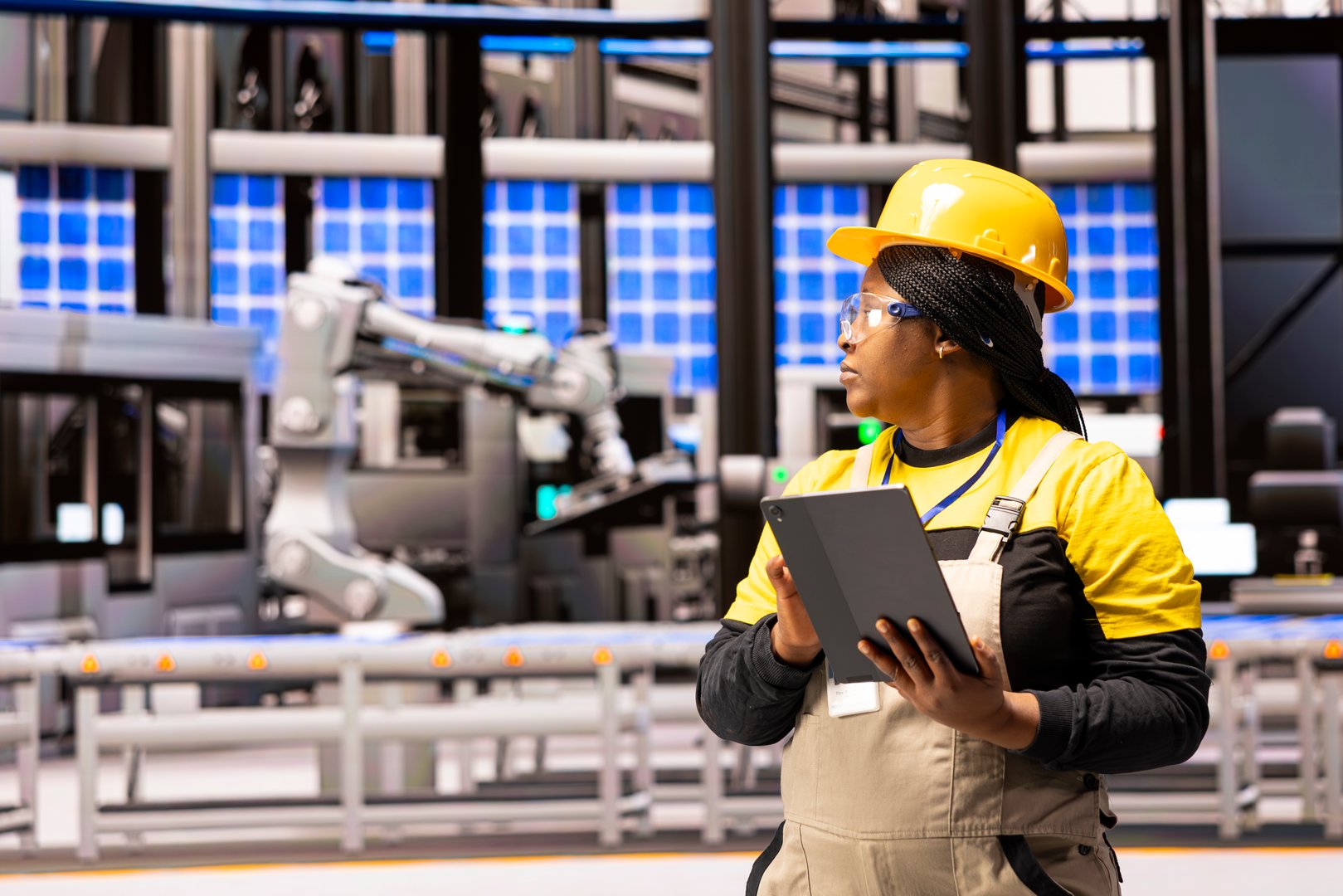 Female industrial engineer walking through power plant with tablet in hand, overseeing machinery development. African American maintenance manager monitors production lines in manufacturing facility.
