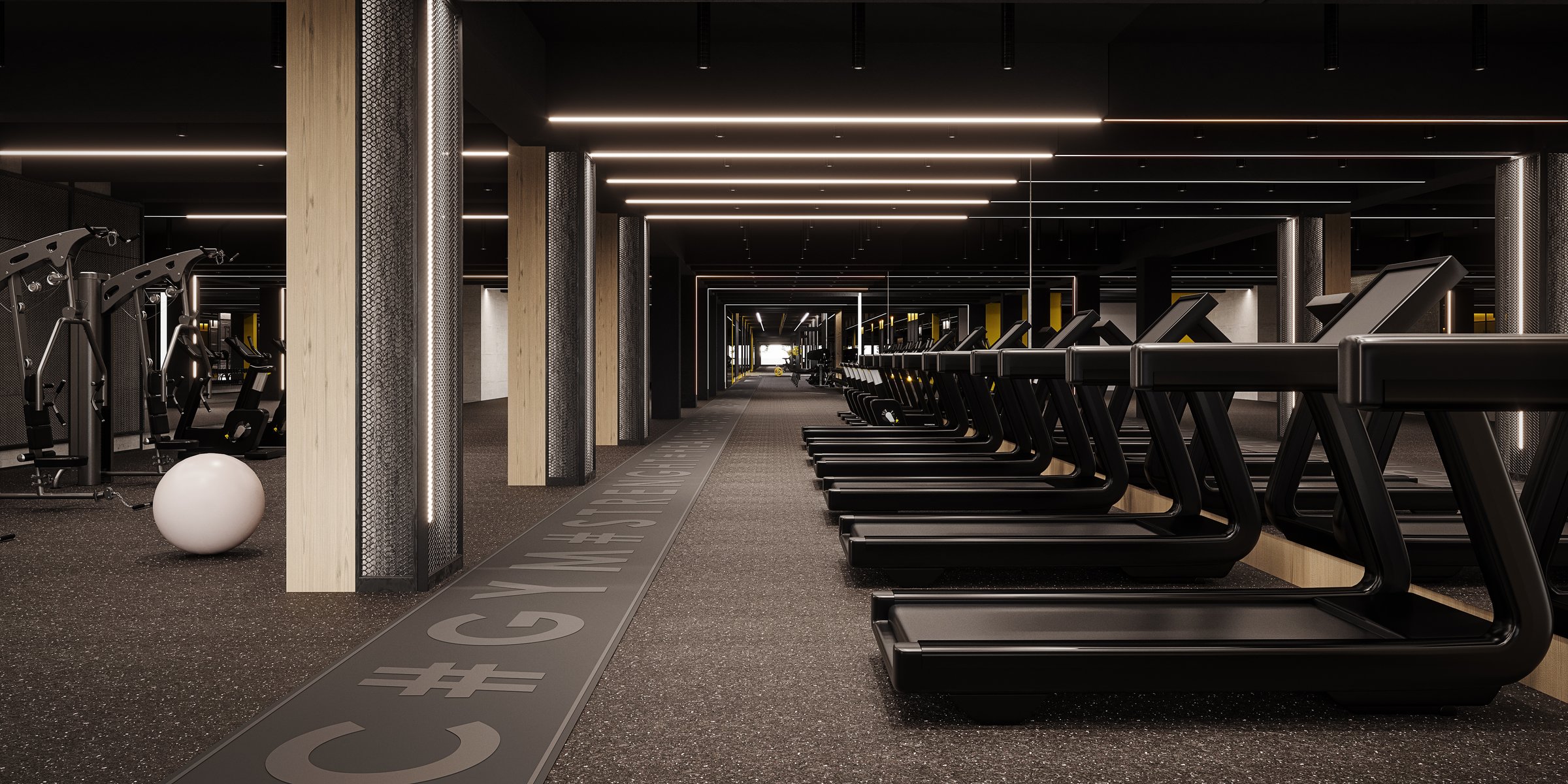 Modern gym interior design. Industrial gym concept design. 3D Rendering, 3D Illustration