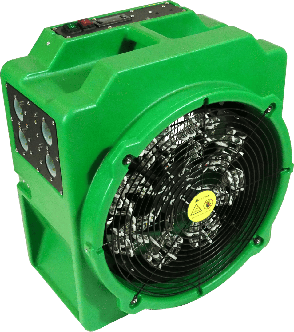 Green industrial fan with a black protective grille and control panel on top. Designed for air circulation and ventilation.