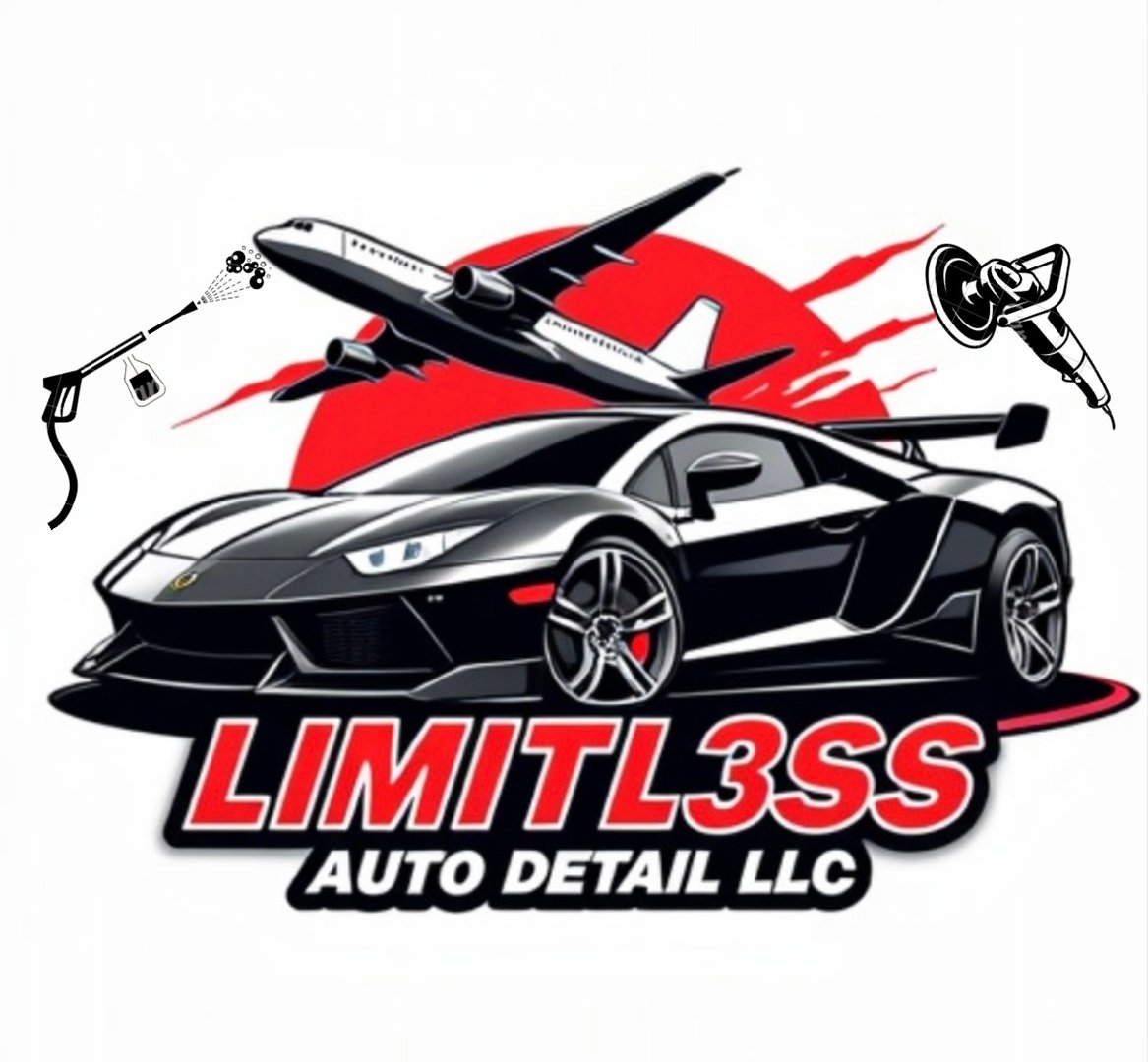 Illustration of a car and an airplane with cleaning tools, featuring text Limitl3ss Auto Detail LLC on a white background.