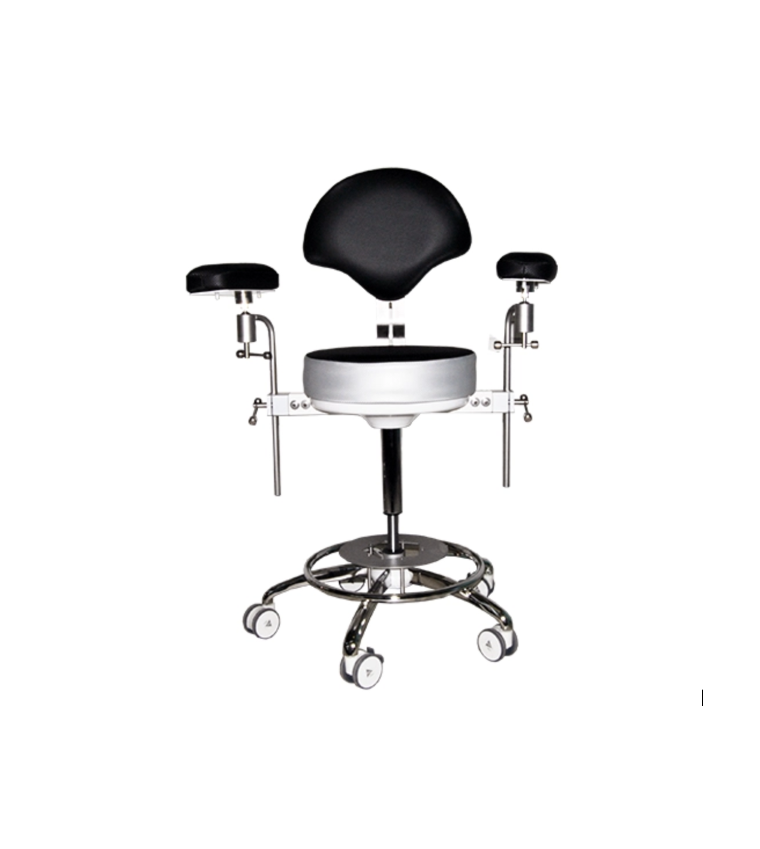 Black adjustable stool with backrest and arm supports, mounted on a circular base with wheels.