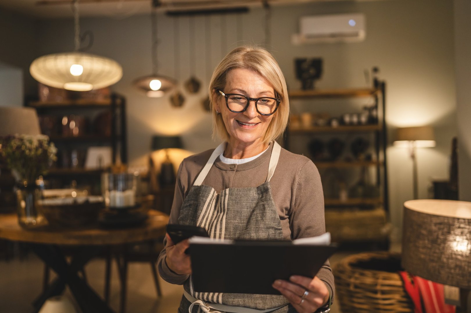 Mature woman entrepreneur work on clipboard and mobile phone at sales shop
