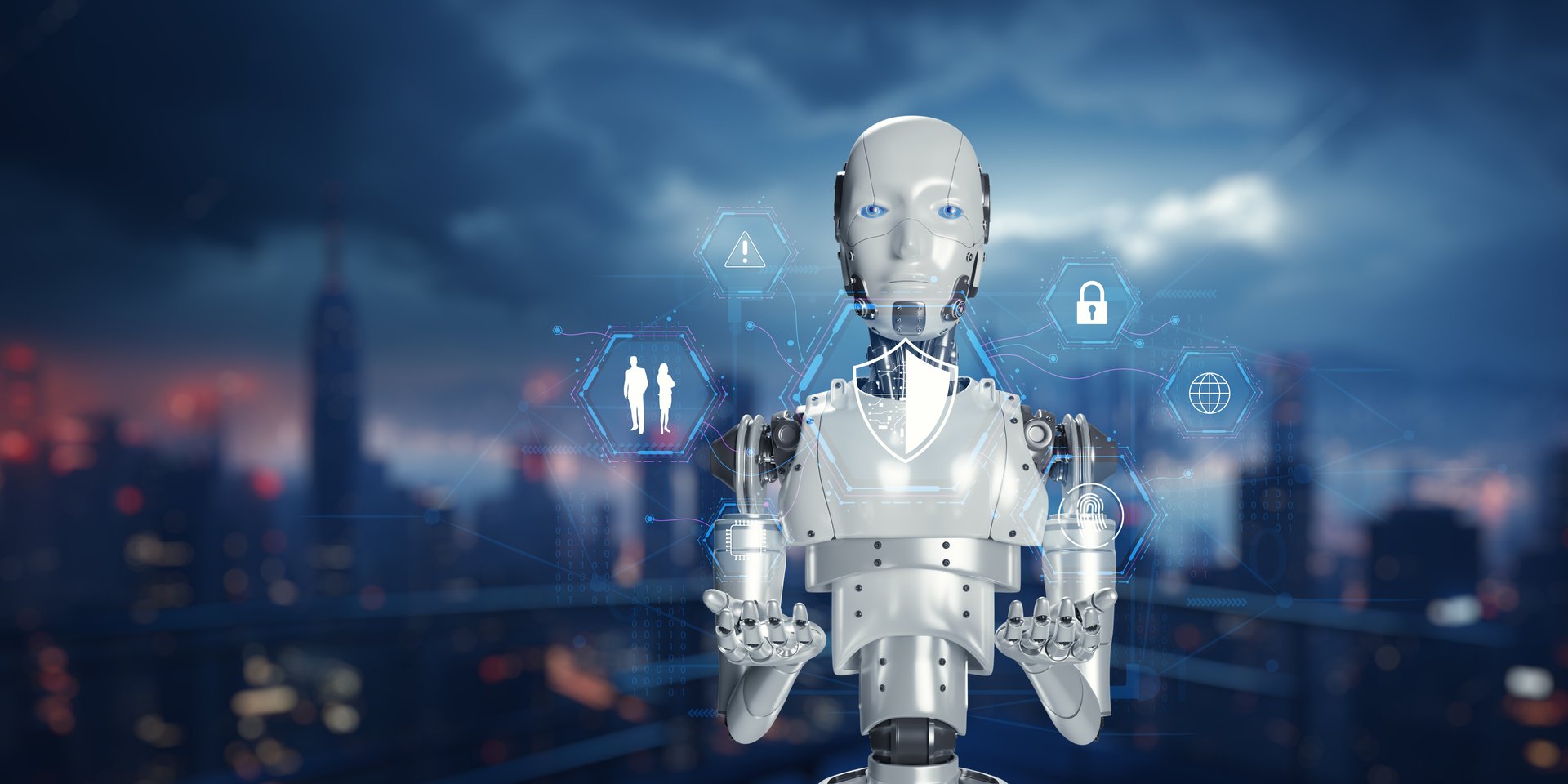 This image showcases an advanced AI robot operating in a futuristic city, emphasizing technology, security, and human interaction in a digital environment.