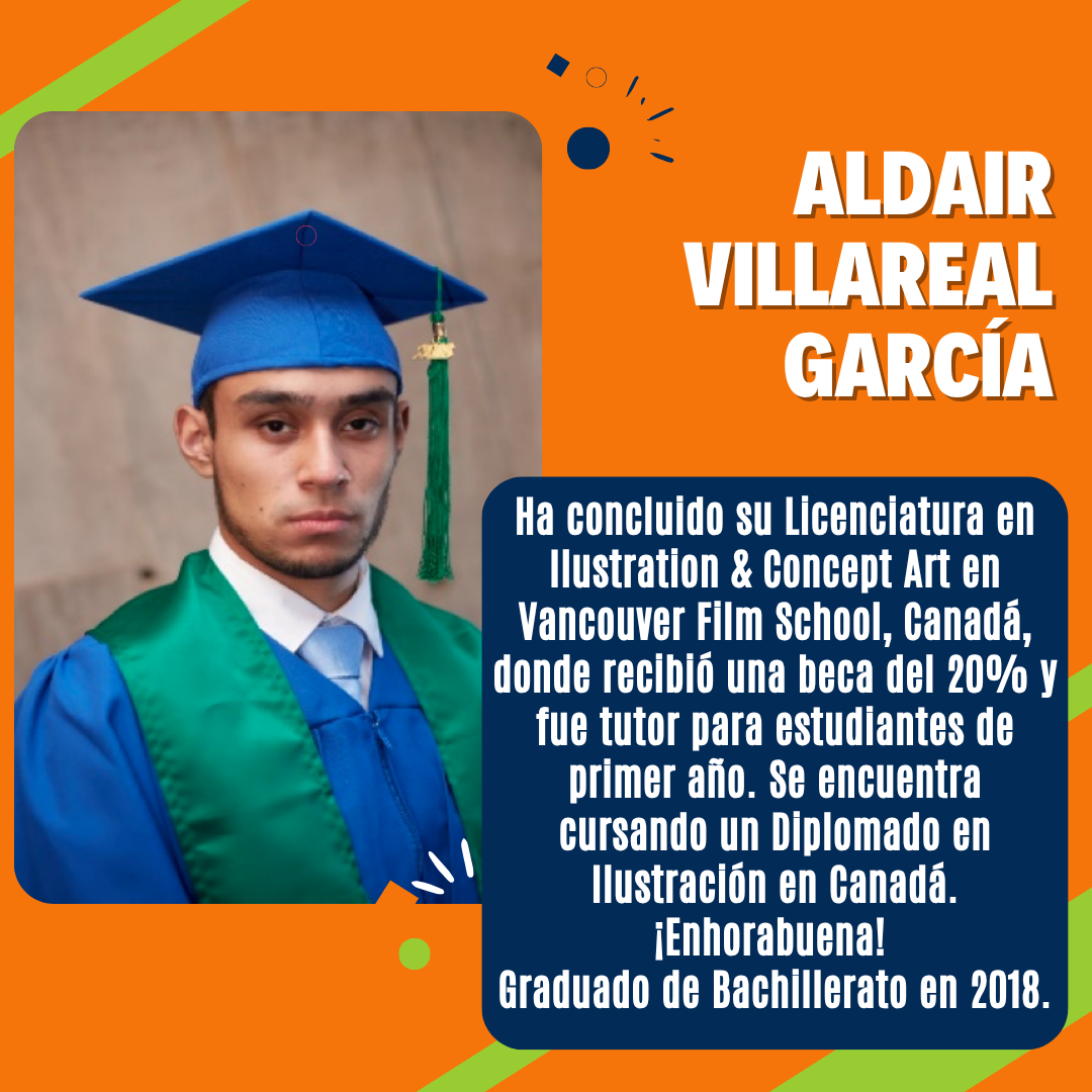 Graduate in cap and gown with text about achievements, including a degree and scholarship in Canada, and ongoing diploma studies.