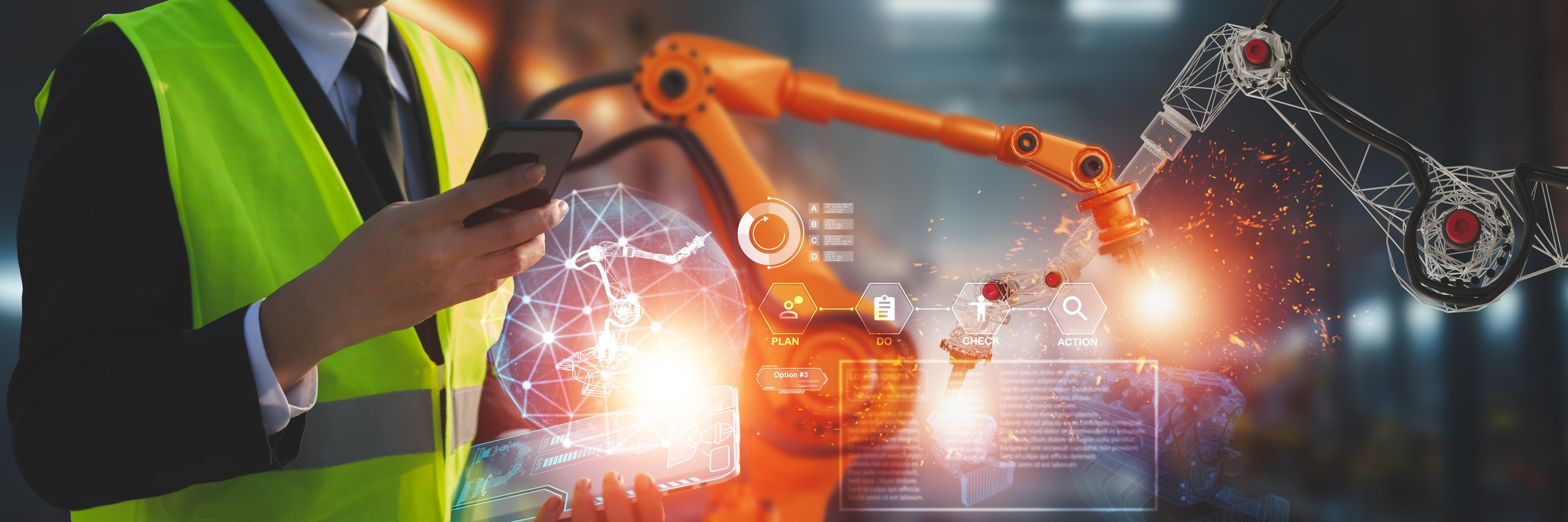 Industry engineer in factory,using smart tablet glass device,control automated robot arm machine learning operation,concept business and industry 4.0,Artificial intelligence or AI,with 5G network